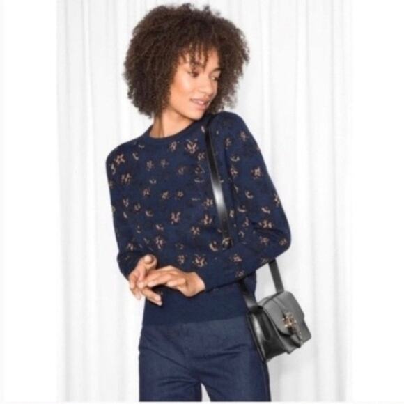& Other Stories Wool Metallic Print Crewneck Sweater Navy Size XS - Picture 1 of 5